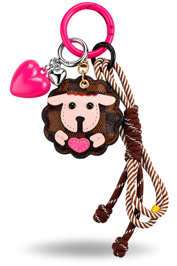 Brown Sheep Pink Heart Rope Bag Charm