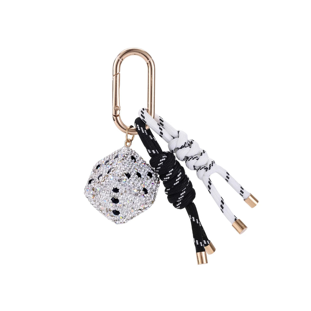 Silver Rhinestone Dice Black White Rope Bag Charm