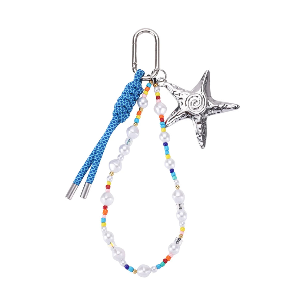 Blue Rope Silver Starfish Pearl Beaded Bag Charm