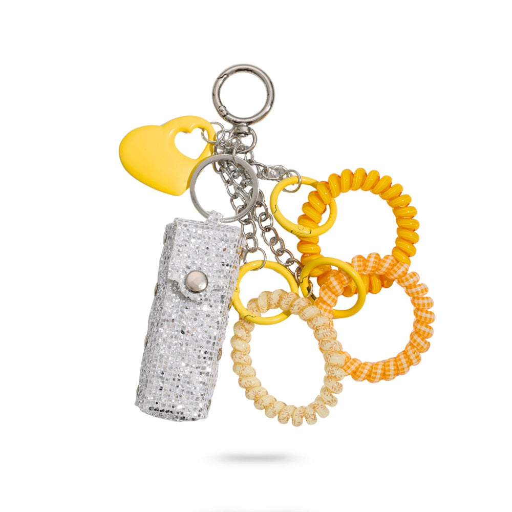 Silver Glitter Hair Tie Bag Charm Set with Yellow Heart