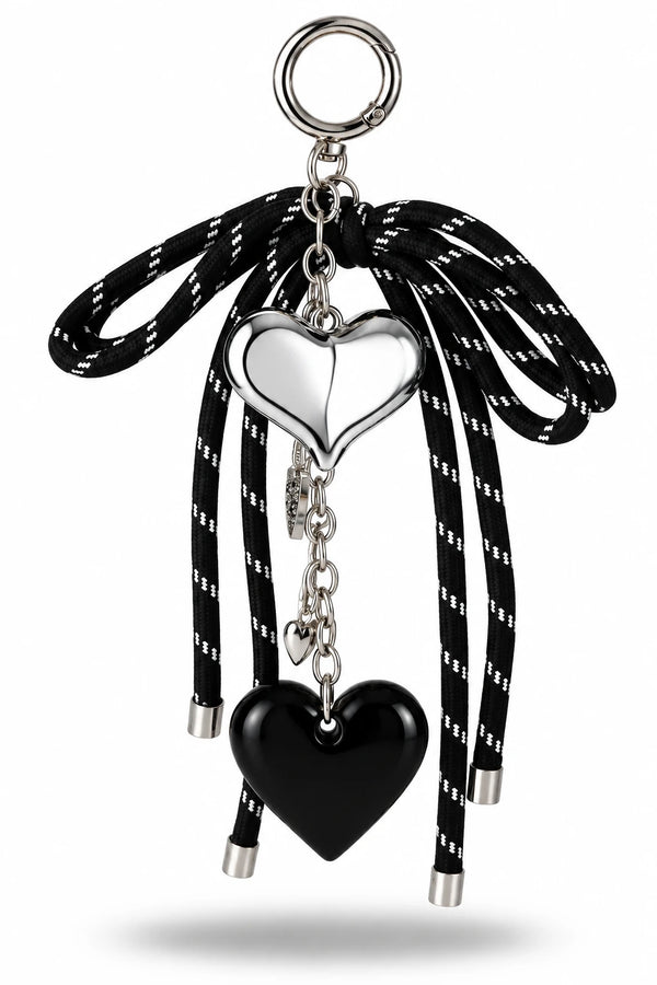 Black Silver Double Heart Bag Charm