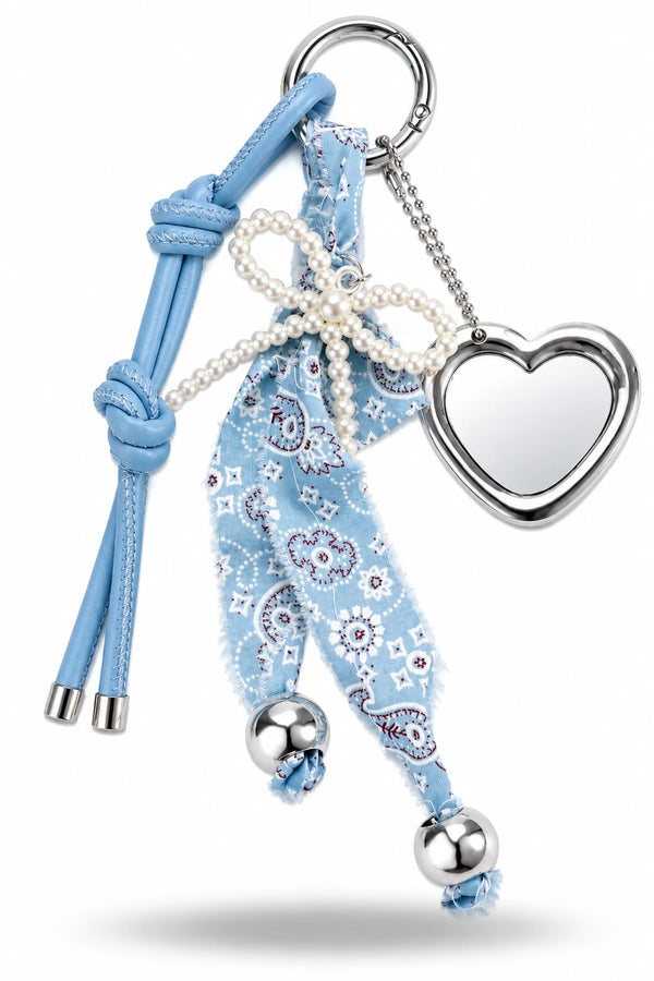 Light Blue Pearl Bow Heart Bag Charm