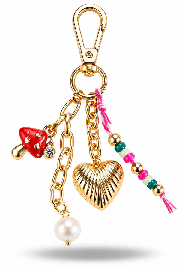 Gold Heart Mushroom Pearl Bag Charm