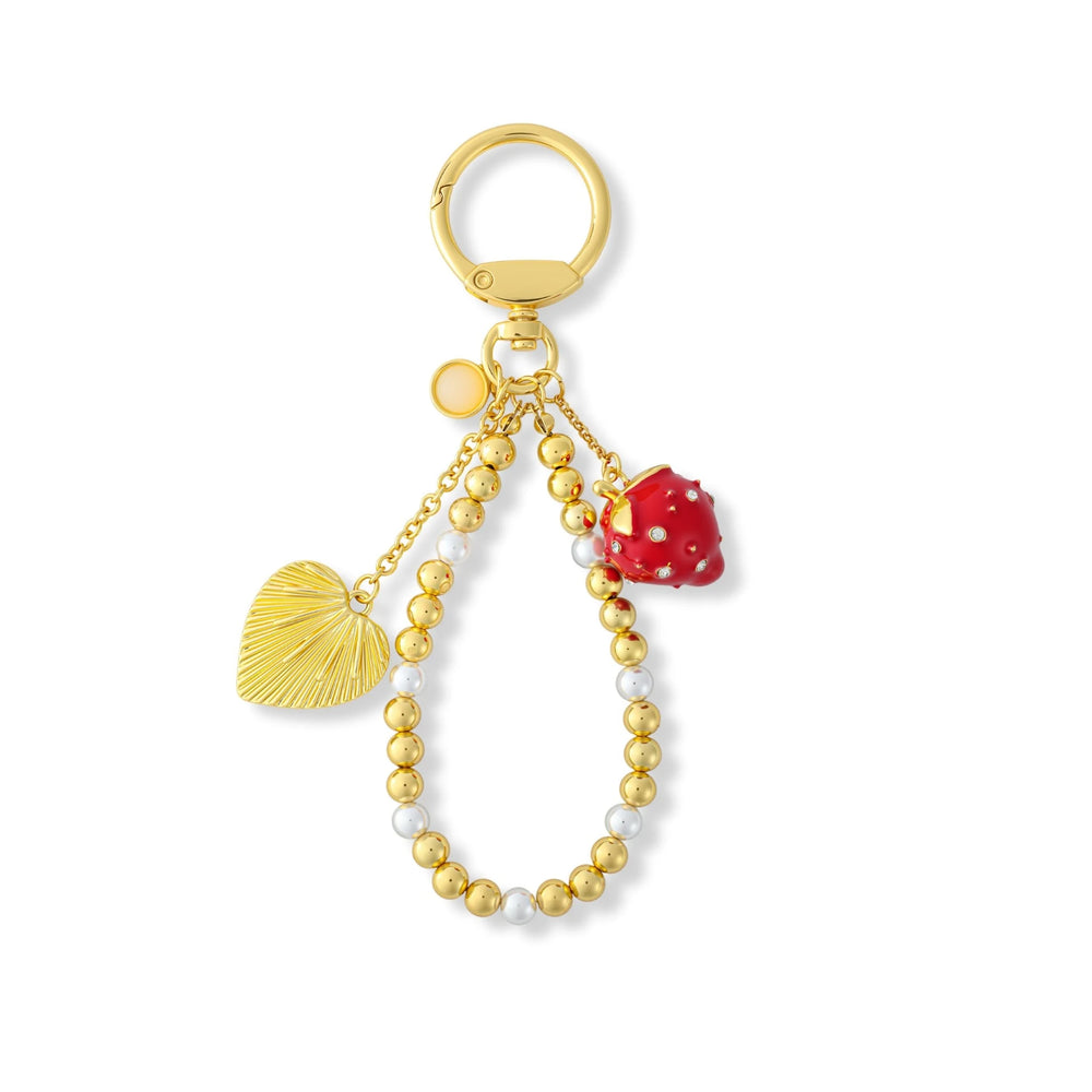 Gold-Tone Pearl Bead Strawberry Heart Bag Charm