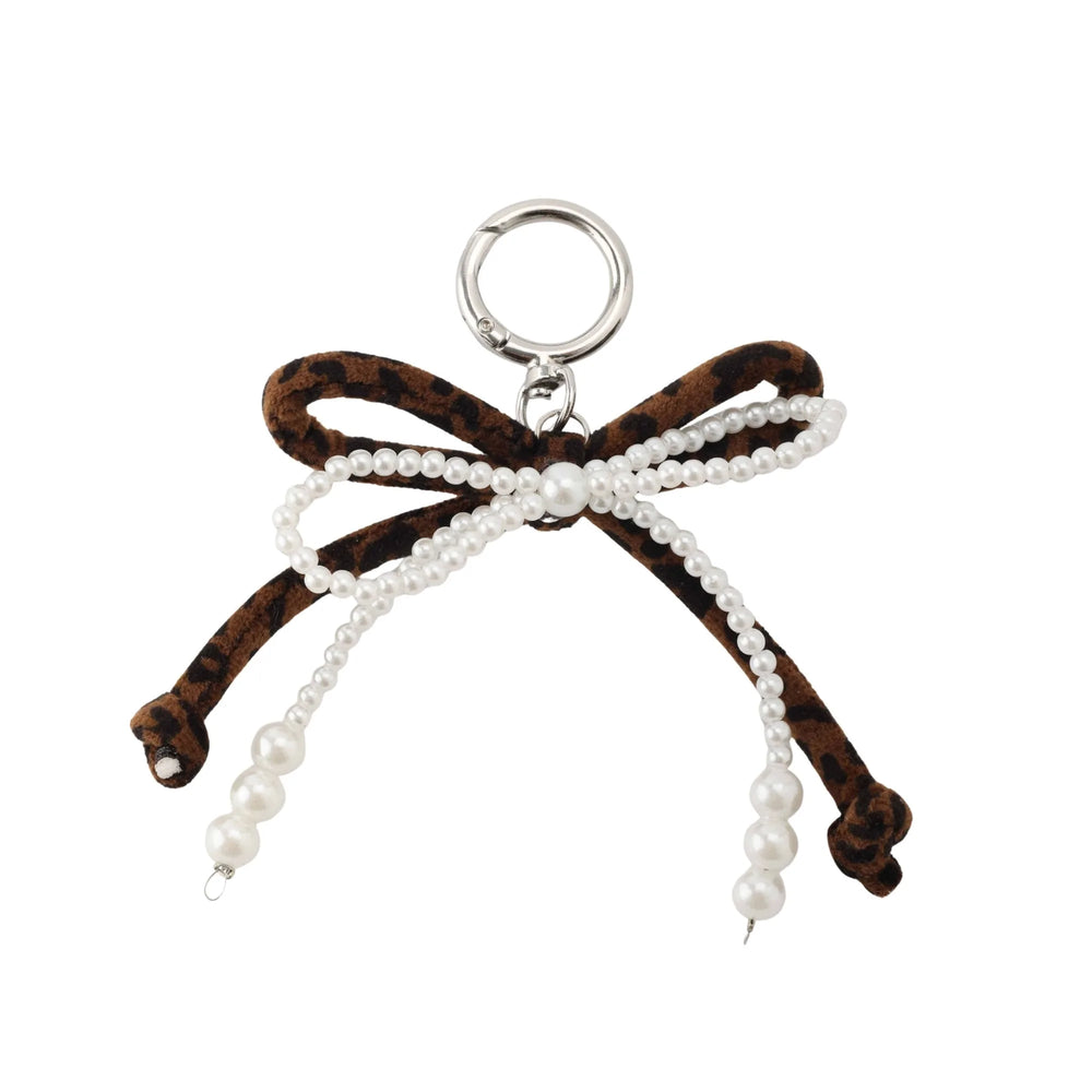 Leopard Print Pearl Bow Bag Charm