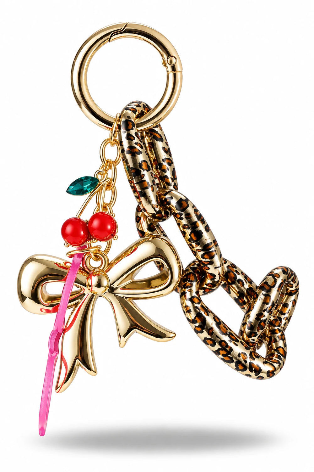 Gold Leopard Bow Cherry Bag Charm