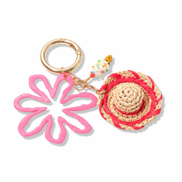 Woven Straw Hat and Pink Flower Bag Charm