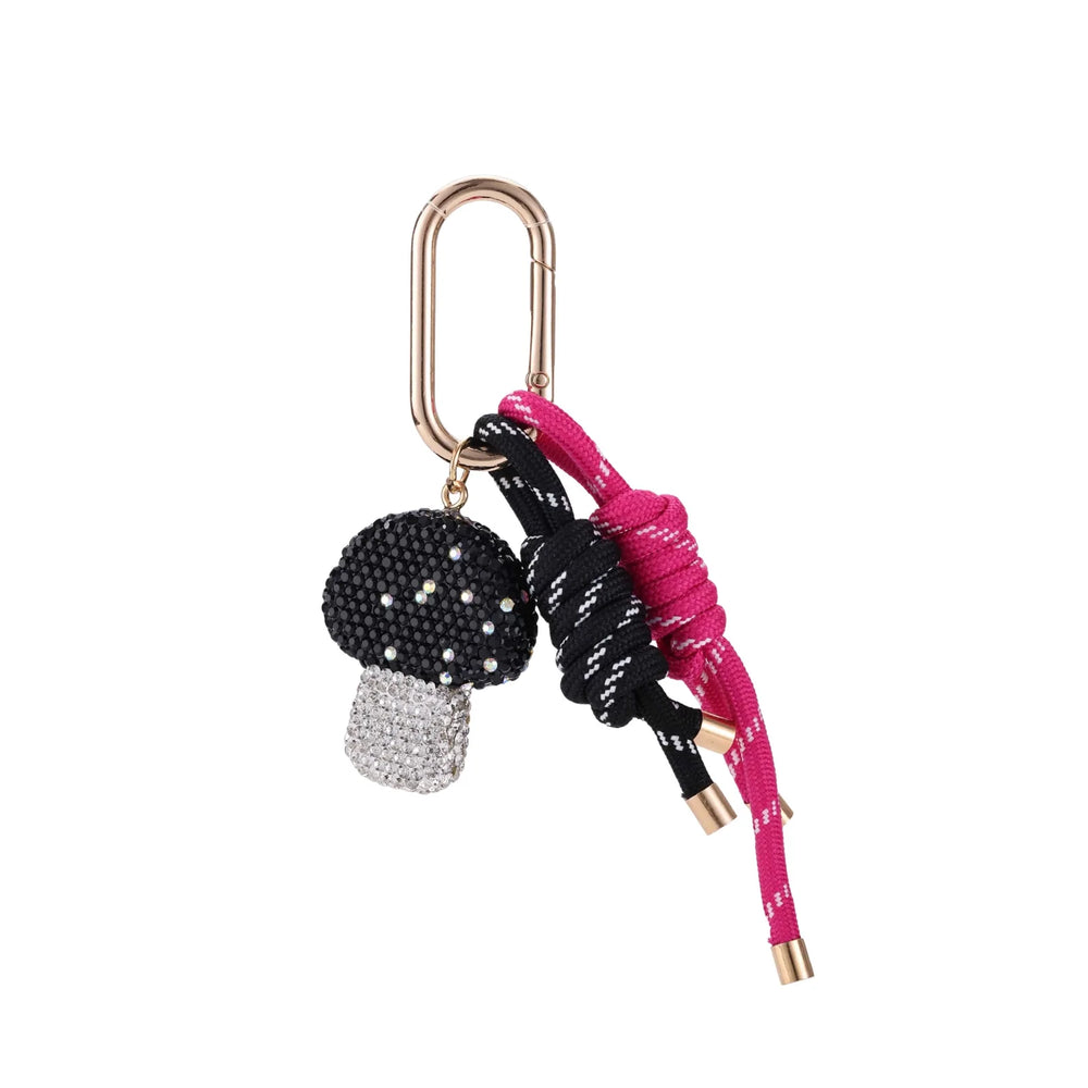 Black Rhinestone Mushroom Pink Rope Bag Charm