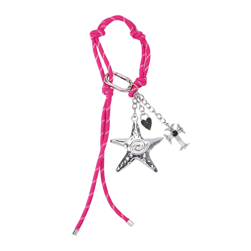 Pink Rope Silver Starfish Heart Bag Charm