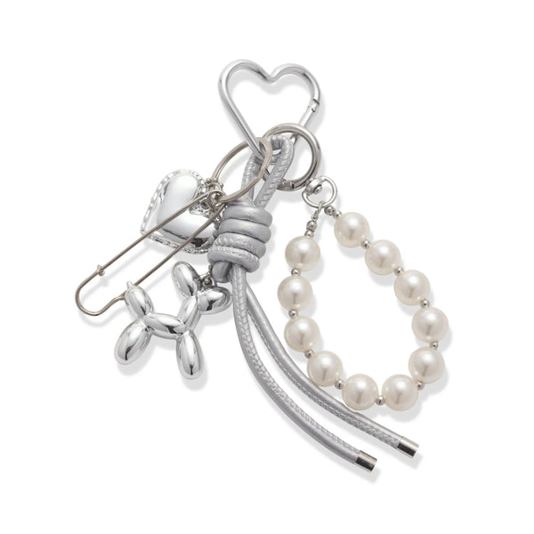 Silver Balloon Dog Pearl Heart Bag Charm