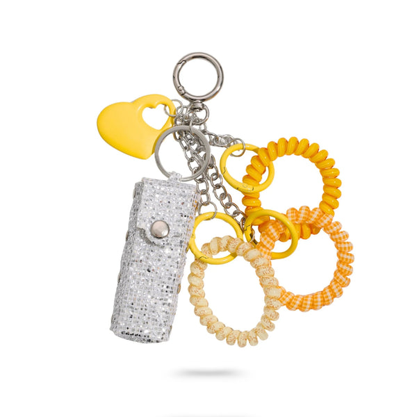Silver Glitter Hair Tie Bag Charm Set with Yellow Heart